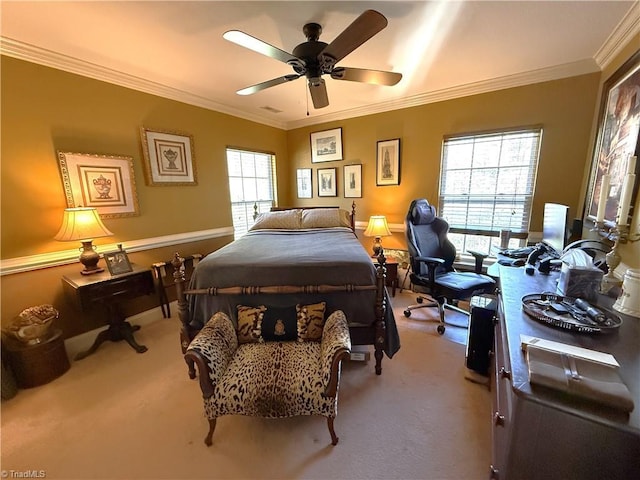 carpeted bedroom featuring visible vents, a ceiling fan, and crown molding