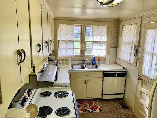 kitchen with white appliances, sink, crown molding, and dark carpet