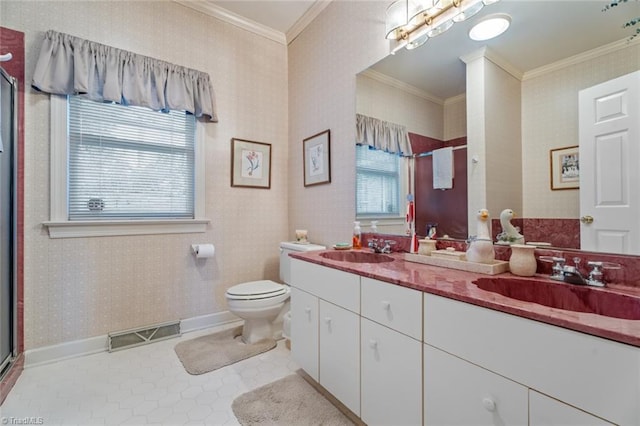 full bathroom with visible vents, a sink, a shower stall, and wallpapered walls