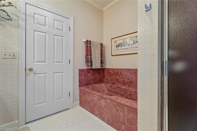 full bathroom with ornamental molding, tile patterned flooring, and a garden tub