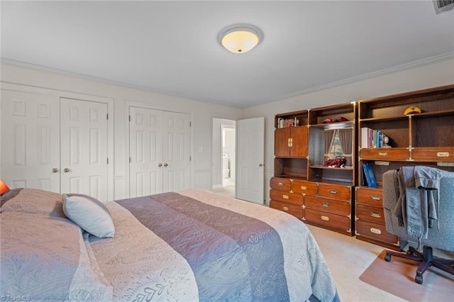 carpeted bedroom with visible vents and two closets