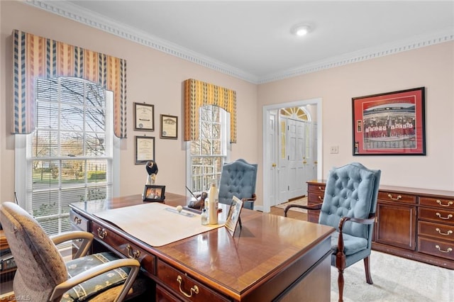 office area with ornamental molding