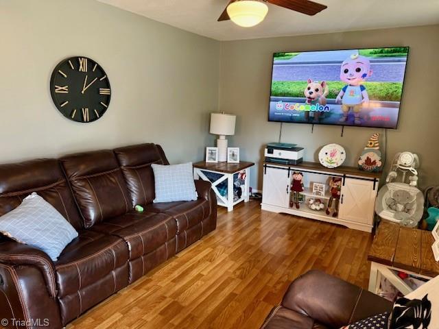 living room with ceiling fan and wood-type flooring