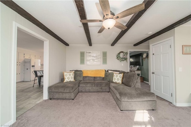 carpeted living room with beam ceiling and ceiling fan