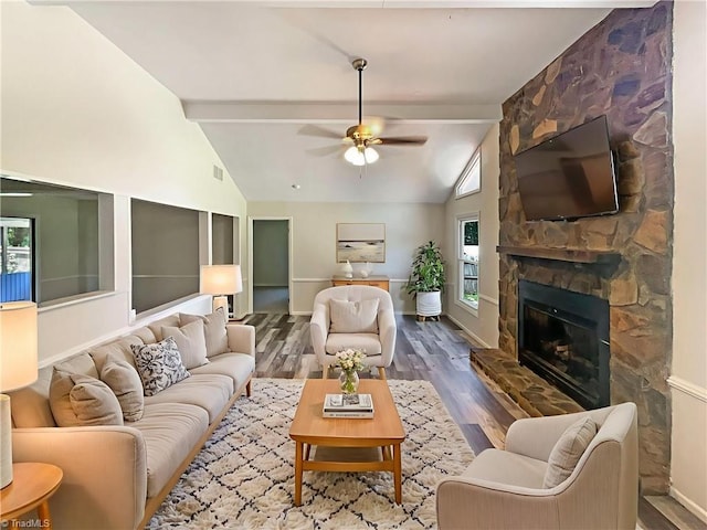 6630 Riverwood Rd, Walkertown, NC 27051 - living room featuring plenty of natural light, wood finished floors, a ceiling fan, and a fireplace