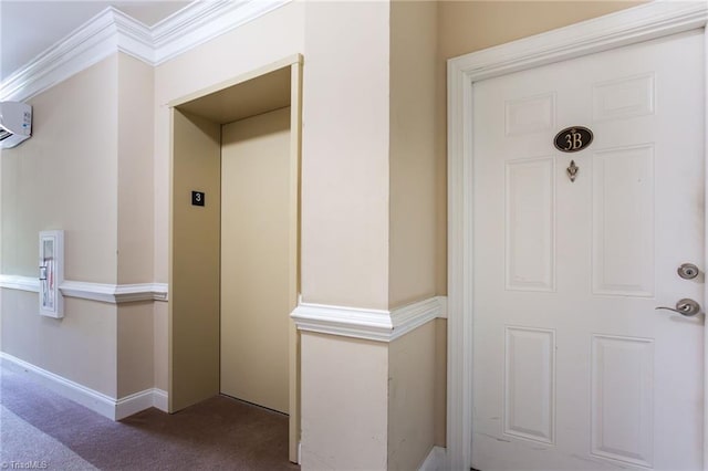 property entrance featuring a wall unit AC and elevator