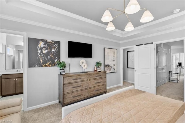 bedroom with a tray ceiling, ornamental molding, and light carpet