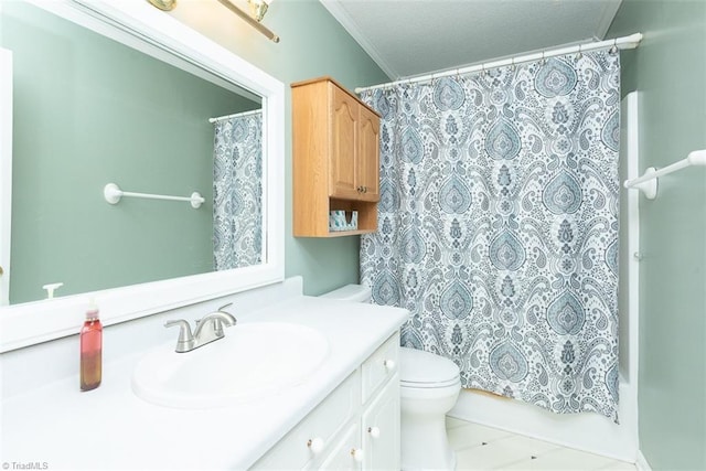 bathroom with shower / bathtub combination with curtain, toilet, ornamental molding, and vanity