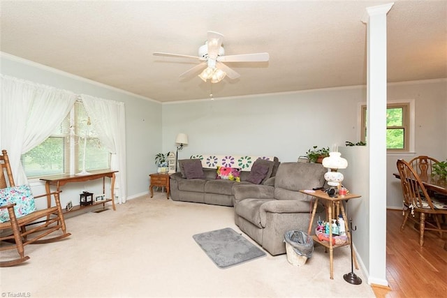 living area with ceiling fan, baseboards, decorative columns, wood finished floors, and ornamental molding