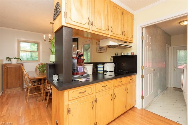 kitchen with crown molding, dark countertops, a notable chandelier, light wood finished floors, and under cabinet range hood