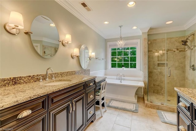 bathroom featuring visible vents, crown molding, recessed lighting, a soaking tub, and a stall shower
