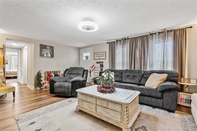 living room featuring a textured ceiling and light hardwood / wood-style floors