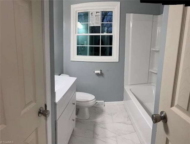 full bathroom featuring vanity,  shower combination, and toilet