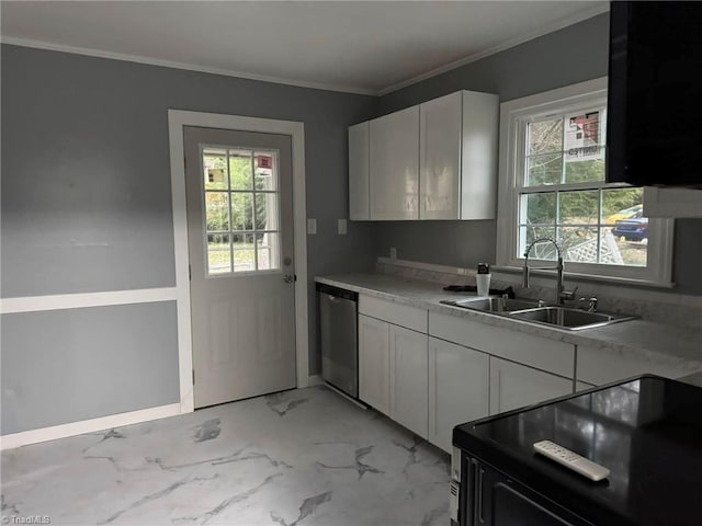 kitchen with stove, white cabinets, sink, stainless steel dishwasher, and ornamental molding