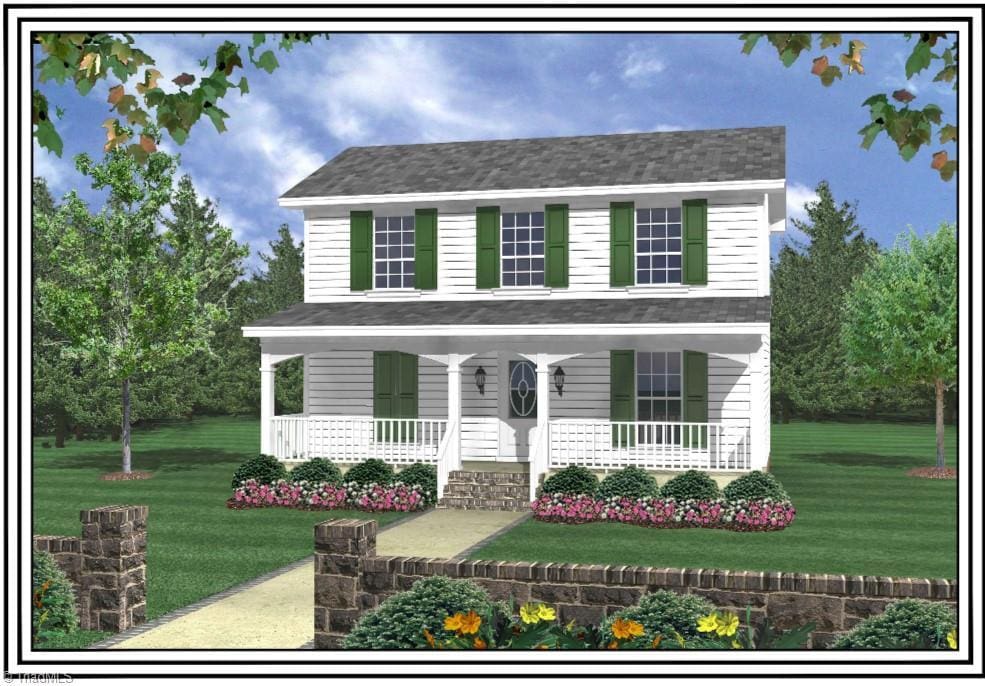605 Sania Ct, Graham, NC 27253 - view of front of house with a porch, a front yard, and a shingled roof