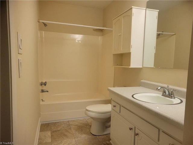 bathroom featuring washtub / shower combination, baseboards, vanity, and toilet