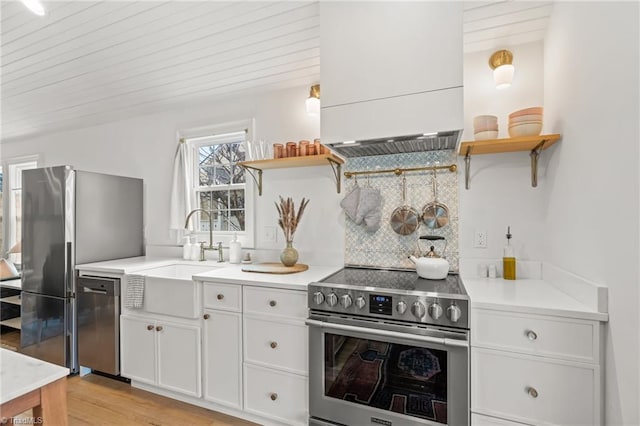 kitchen with appliances with stainless steel finishes, a sink, custom exhaust hood, and open shelves