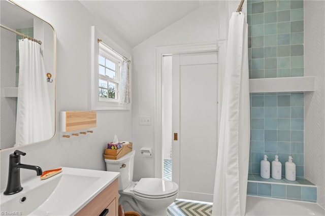 bathroom featuring shower / bathtub combination with curtain, vaulted ceiling, vanity, and toilet