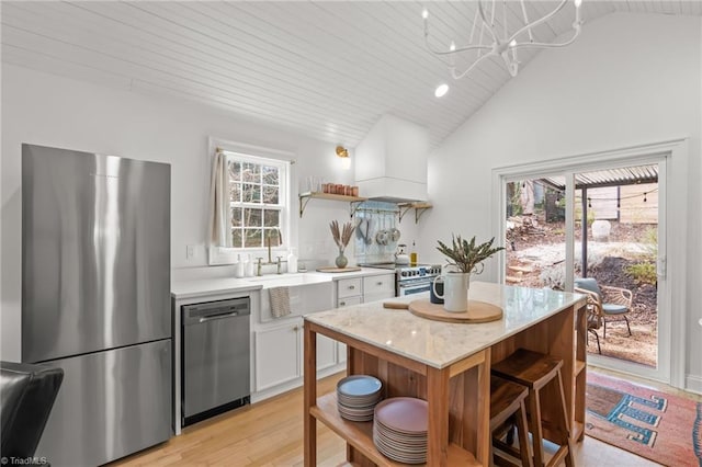 kitchen featuring white cabinets, appliances with stainless steel finishes, custom exhaust hood, open shelves, and plenty of natural light