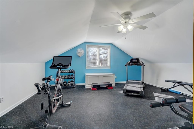 workout area featuring lofted ceiling and ceiling fan