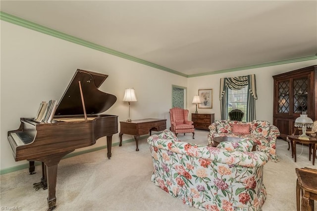 carpeted living room featuring ornamental molding