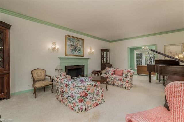 carpeted living room with crown molding and an inviting chandelier