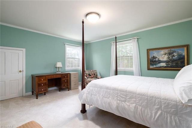 carpeted bedroom featuring ornamental molding and multiple windows