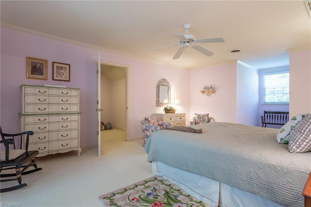 bedroom with ceiling fan, light colored carpet, and ornamental molding