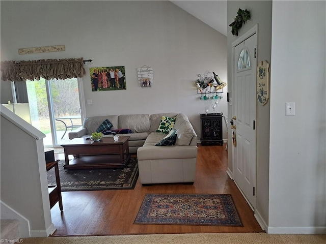 living room featuring high vaulted ceiling and wood-type flooring