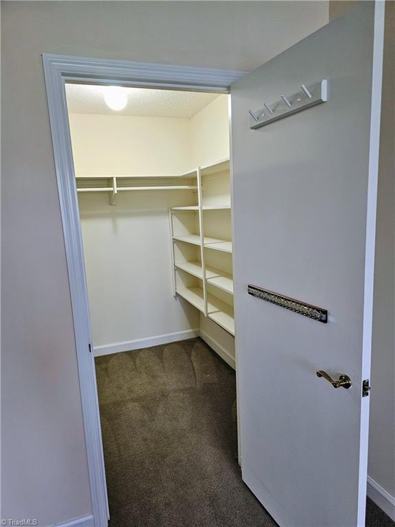 spacious closet featuring dark colored carpet