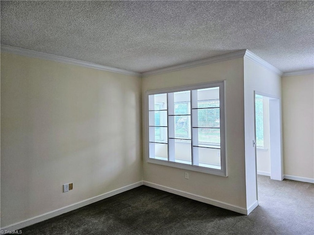 carpeted spare room with ornamental molding and a textured ceiling