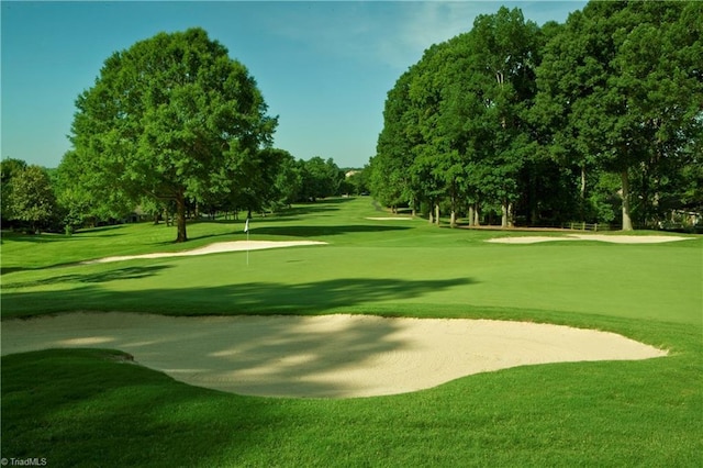 view of community with golf course view and a lawn