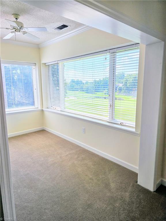 empty room with baseboards, visible vents, carpet, a textured ceiling, and crown molding