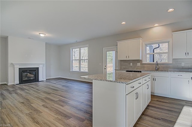 kitchen with wood-type flooring, light stone countertops, a kitchen island, white cabinets, and sink