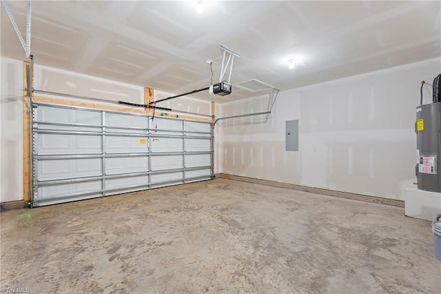 garage with a garage door opener, electric panel, and electric water heater