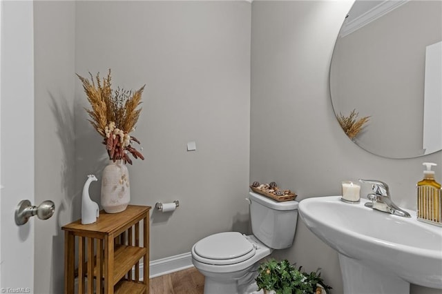 8018 Hacker Dr, Stokesdale, NC 27327 - half bathroom with toilet, wood finished floors, a sink, baseboards, and ornamental molding
