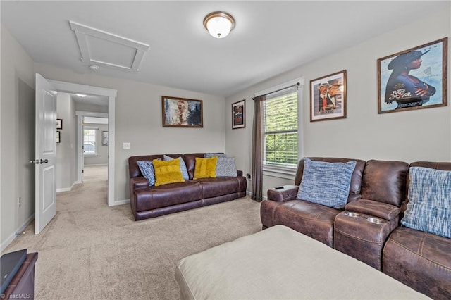 8018 Hacker Dr, Stokesdale, NC 27327 - living area featuring light carpet, attic access, and baseboards