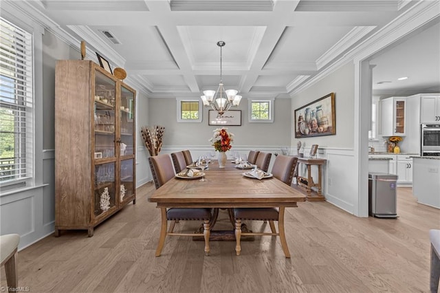 8018 Hacker Dr, Stokesdale, NC 27327 - dining room with light wood finished floors, a chandelier, beam ceiling, coffered ceiling, and ornamental molding
