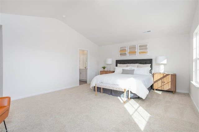 248 Warbler Way, Lexington, NC 27295 - bedroom featuring carpet flooring, lofted ceiling, baseboards, and connected bathroom