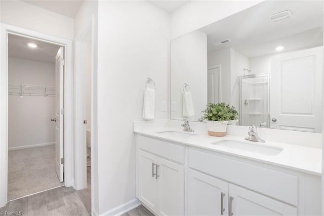 248 Warbler Way, Lexington, NC 27295 - bathroom featuring a stall shower, wood finished floors, double vanity, a spacious closet, and toilet