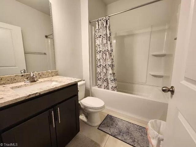 full bathroom with shower / bath combination with curtain, vanity, toilet, and tile patterned flooring