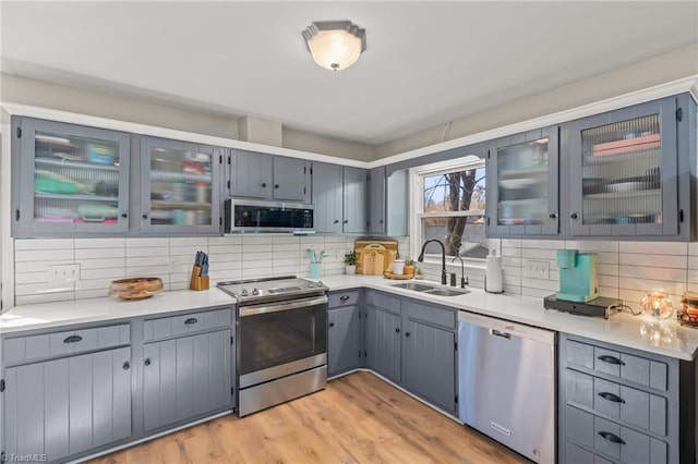 kitchen featuring appliances with stainless steel finishes, sink, gray cabinetry, backsplash, and light hardwood / wood-style flooring