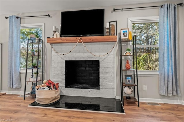 room details featuring hardwood / wood-style floors and a fireplace