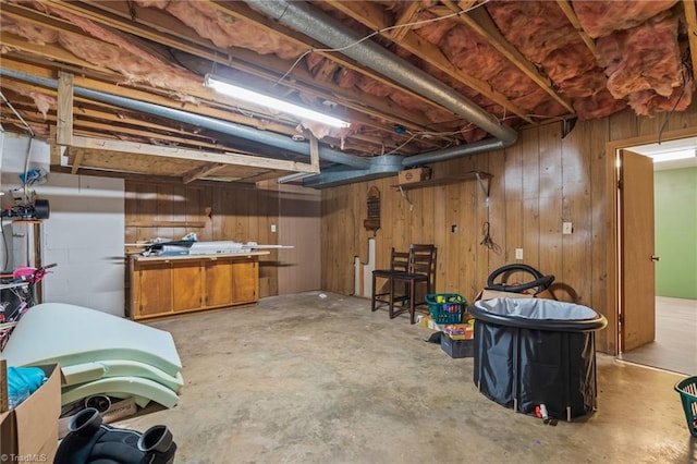 basement featuring wooden walls