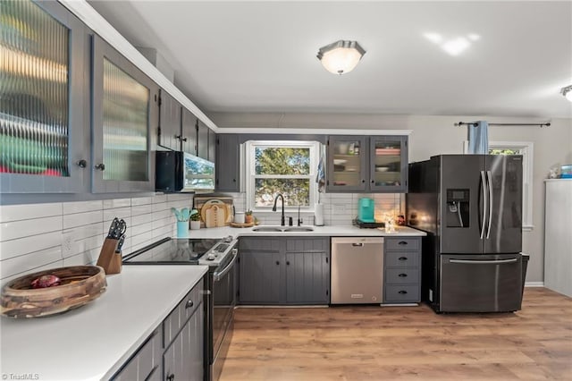 kitchen with stainless steel appliances, sink, backsplash, and light hardwood / wood-style flooring