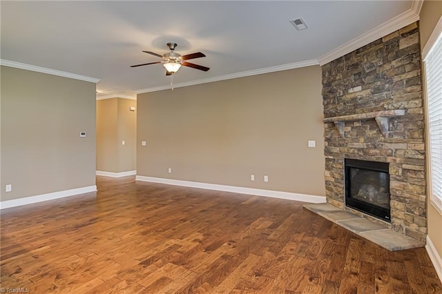 241 Collingswood Dr, Winston-Salem, NC 27127 - unfurnished living room with ceiling fan, ornamental molding, a fireplace, wood finished floors, and baseboards