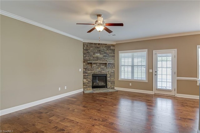 241 Collingswood Dr, Winston-Salem, NC 27127 - unfurnished living room with ceiling fan, ornamental molding, wood finished floors, and a fireplace