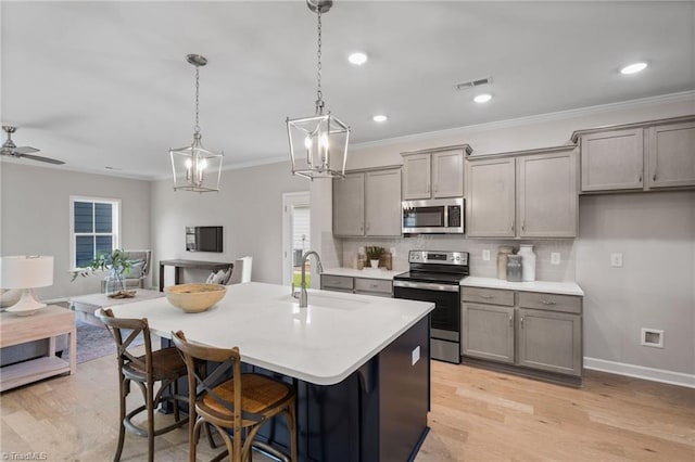1416 Prospect Hill St, Kernersville, NC 27284 - kitchen featuring appliances with stainless steel finishes, a sink, gray cabinets, light countertops, and ornamental molding