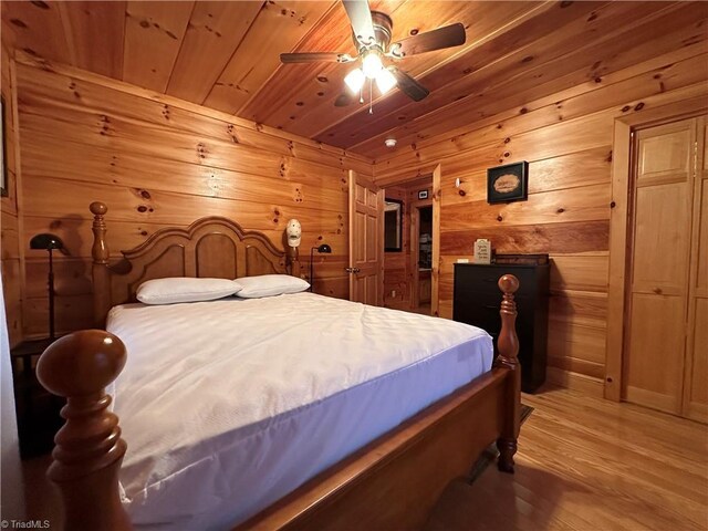 bedroom with ceiling fan, hardwood / wood-style floors, and wooden ceiling