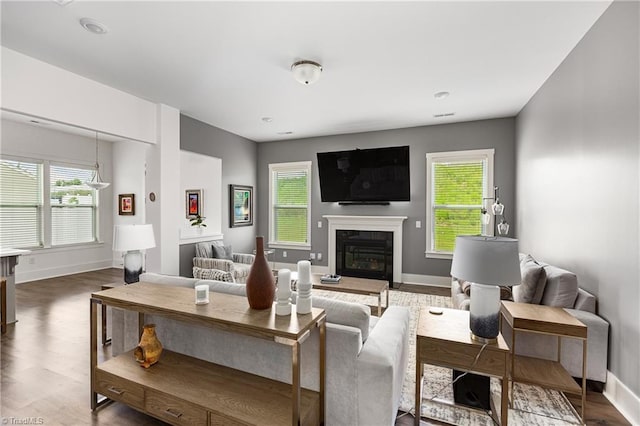 living room featuring wood finished floors, baseboards, and a glass covered fireplace